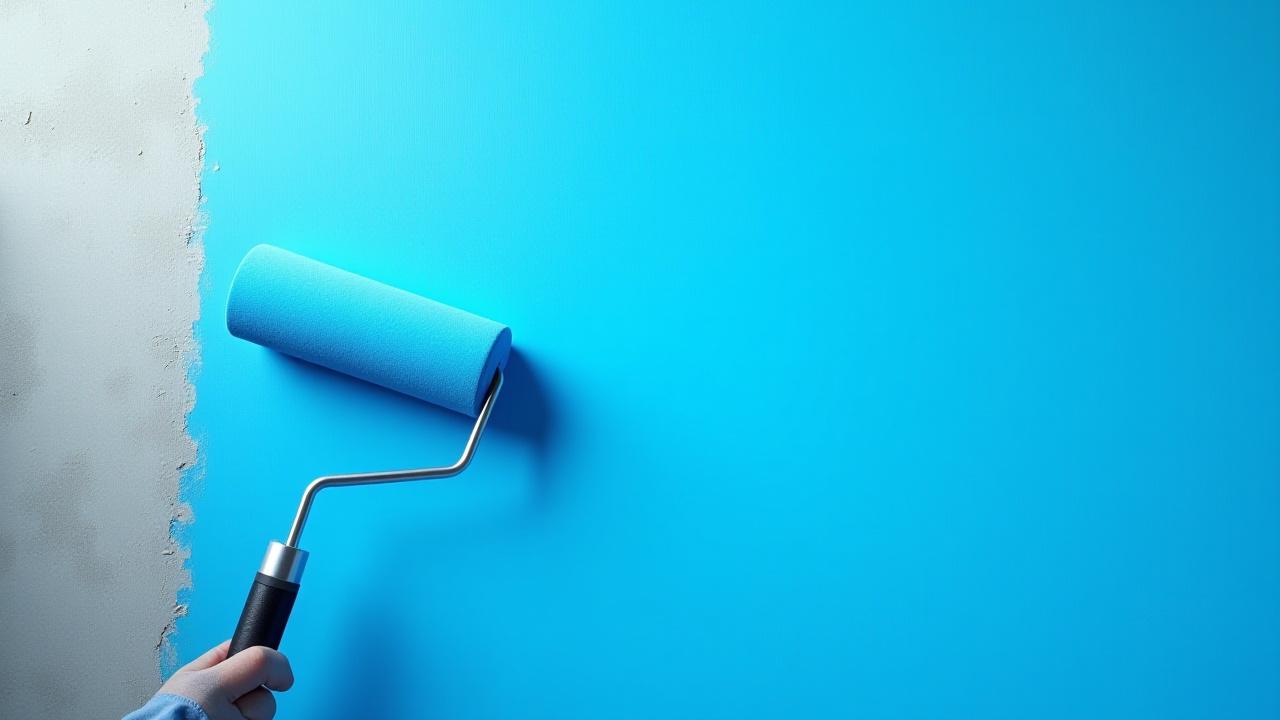 Rodillo aplicando pintura azul vibrante sobre una superficie industrial, destacando la cobertura y el color duradero de Pinta Fuerza.