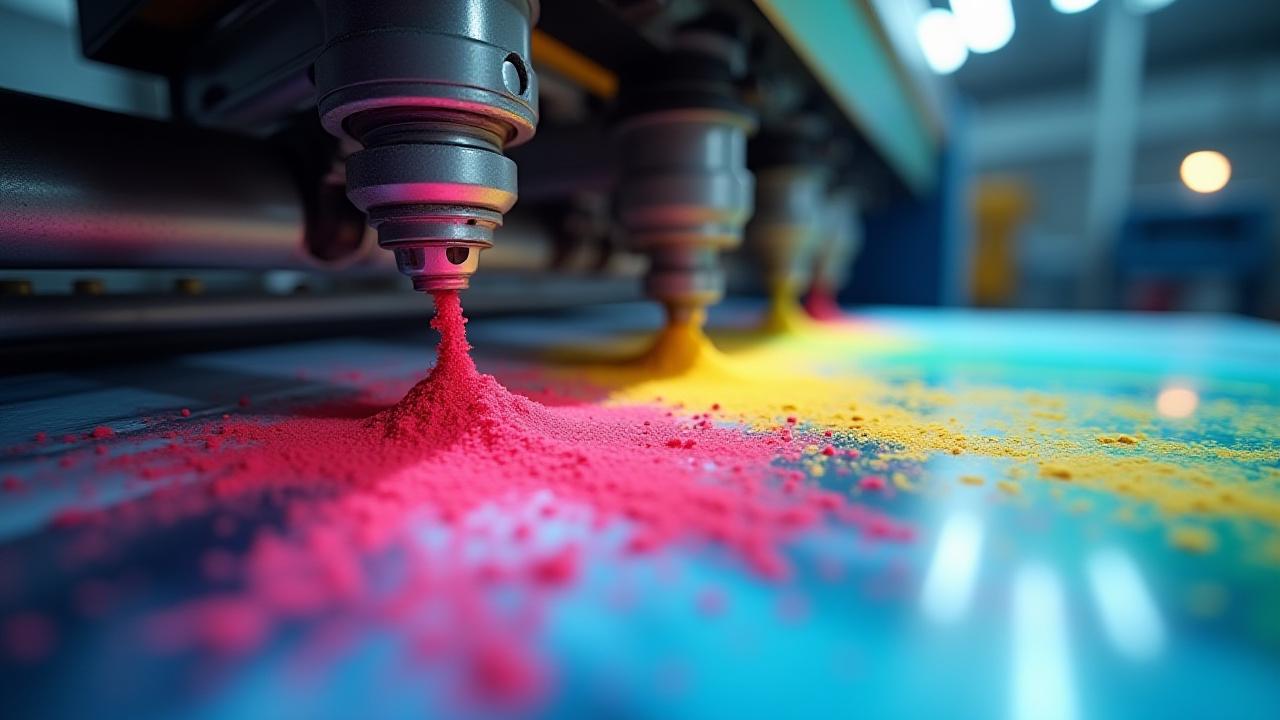 Imagen abstracta de un proceso de impresión de alta velocidad con pigmentos vibrantes